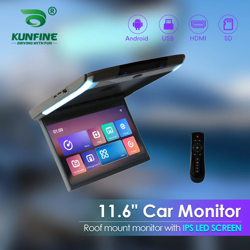 11.6 Inch Car Roof Monitor TV Flip Down 1080P Video HD Screen IPS Screen With Blue Ambient Light SD HDMI FM Android 10