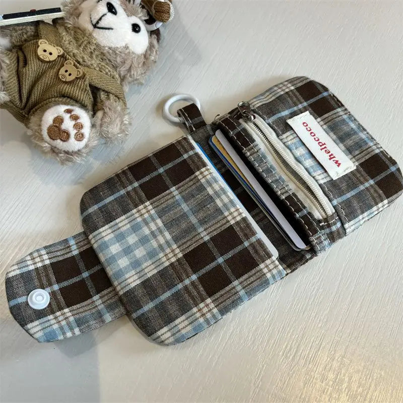 1 Pc Dark Coffee Plaid Card Purse for Kids Girl Fashion Student Mini Photocard Wallet Bank Card Wallet Retro Card Organizer