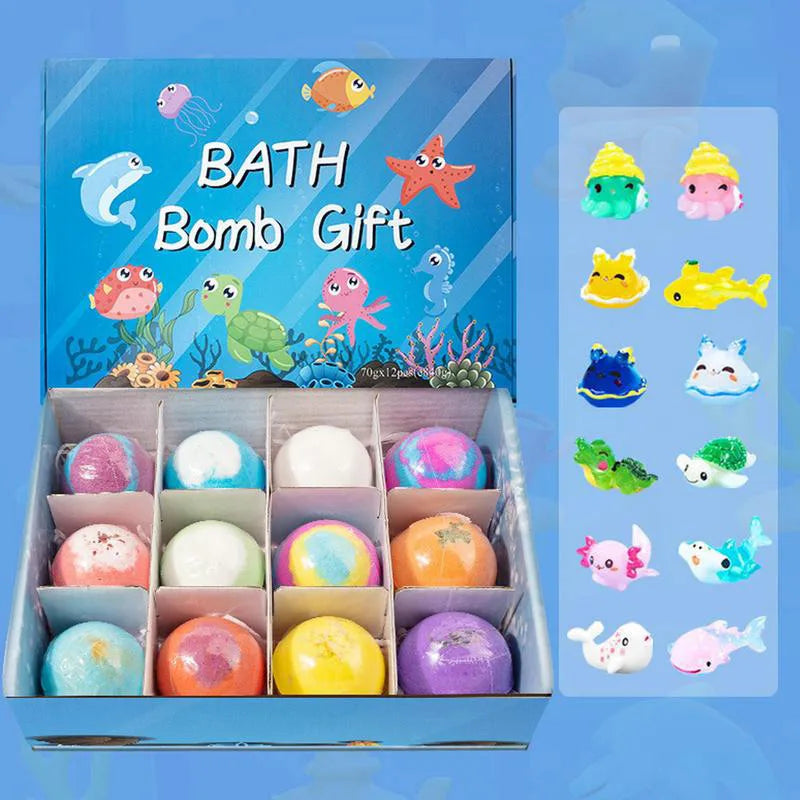 12Pcs Ocean Themed Bath Bombs Gift Set with Surprise Sea Animal Toys Inside 60g Handmade Bubble Bath Salt Balls for Kids Bath