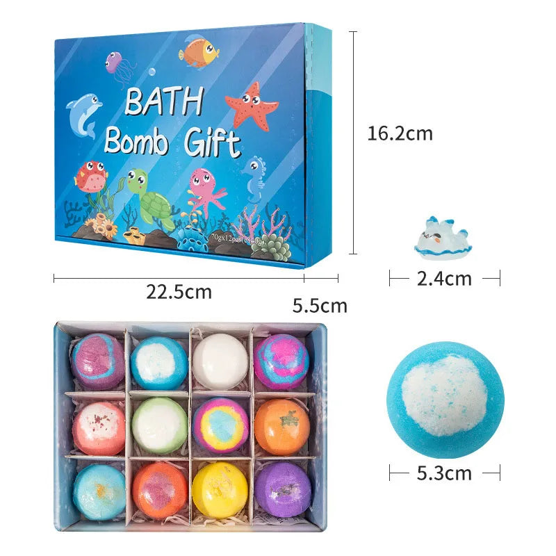 12Pcs Ocean Themed Bath Bombs Gift Set with Surprise Sea Animal Toys Inside 60g Handmade Bubble Bath Salt Balls for Kids Bath