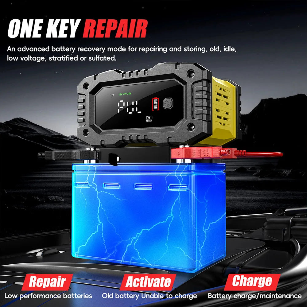 12V 24V  Portable Car Battery Charger 10A  Large-Screen Motorcycle Battery Charger Fully Automatic Battery Charger