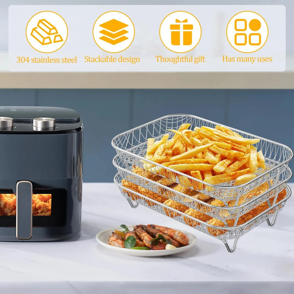 A89Z Air Fryer Rack Square for Oven 3 Layer Stackable Dehydrator Rack Stainless Steel Air Fryer Basket for Air Fryer Baking