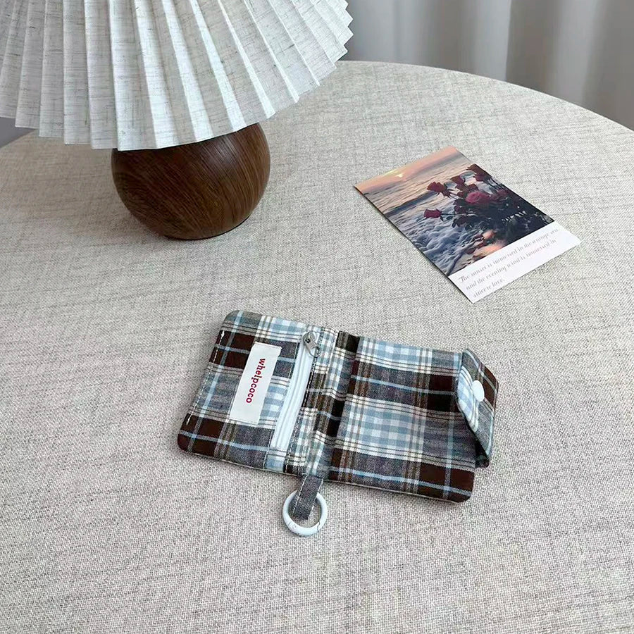 1 Pc Dark Coffee Plaid Card Purse for Kids Girl Fashion Student Mini Photocard Wallet Bank Card Wallet Retro Card Organizer