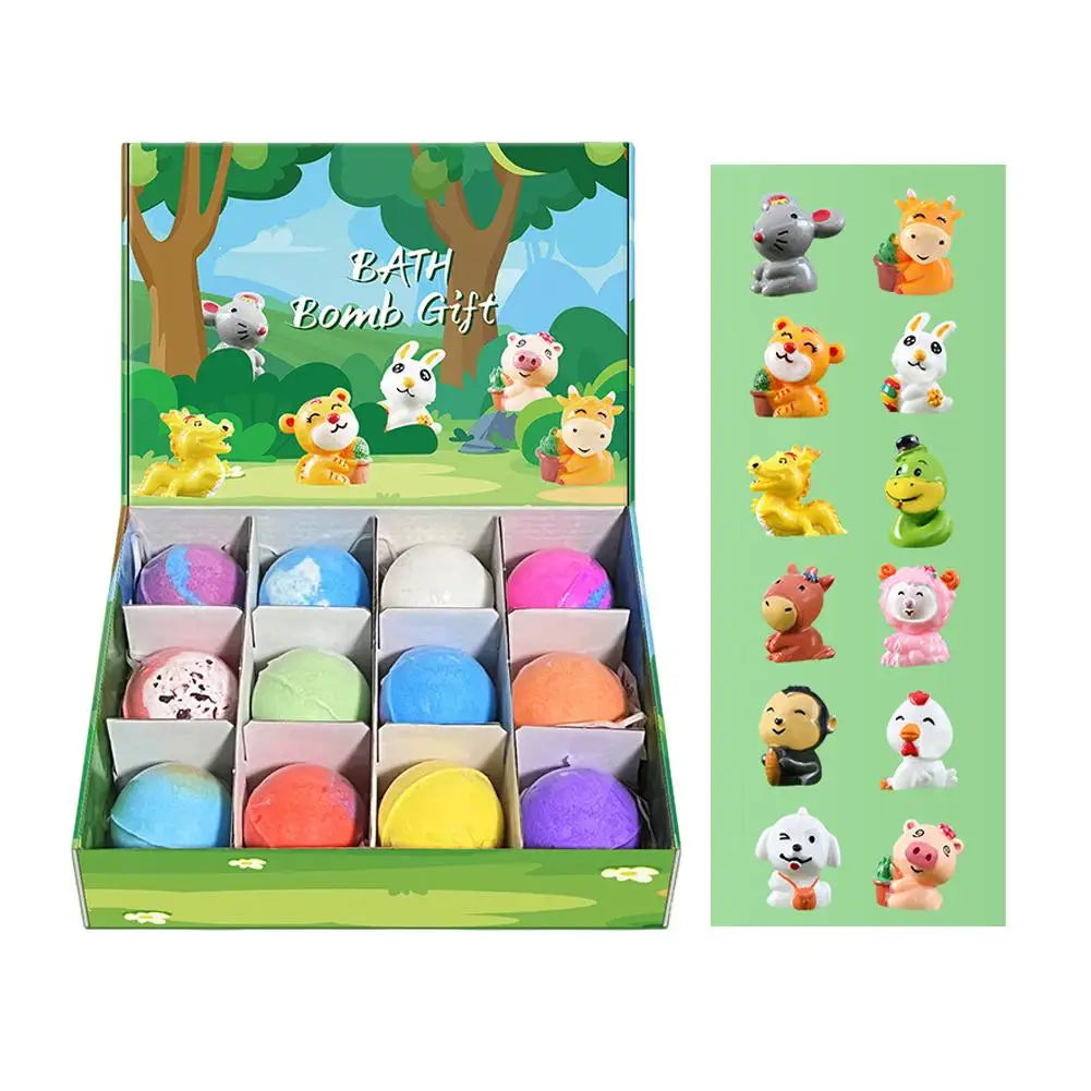 12Pcs Bath Bomb Gift Set with Surprise Animal Toys - Essential Oil & Dried Flower Bubble Bath Bombs for Kids,Gentle Bath Fizzers
