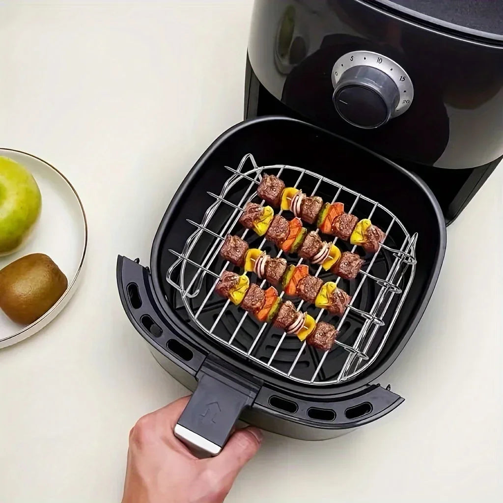 1 Set of Air Fryer Square Grill Stainless Steel, with 4 Barbecue Skewers Grill, Air Fryer Accessories, Cooking Rack, Kitchen