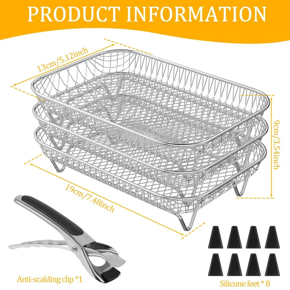A89Z Air Fryer Rack Square for Oven 3 Layer Stackable Dehydrator Rack Stainless Steel Air Fryer Basket for Air Fryer Baking