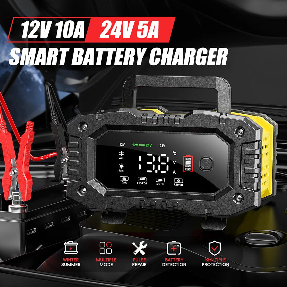 12V 24V  Portable Car Battery Charger 10A  Large-Screen Motorcycle Battery Charger Fully Automatic Battery Charger