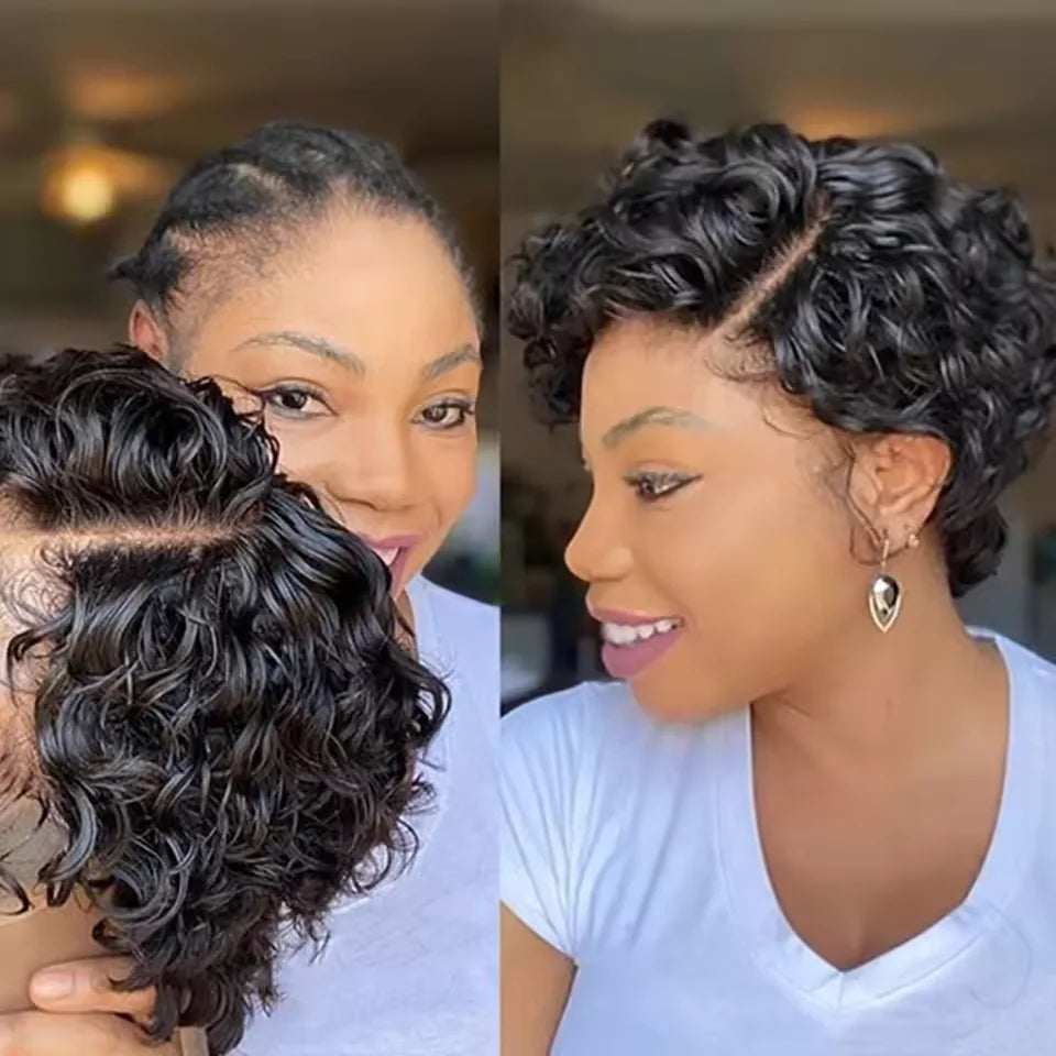 13x4 Lace Wig Side Part Pixie Cut Wigs 100% Virgin Hair Side Part Brazilian Water Wave bob Wig Transparent Lace For Black Women