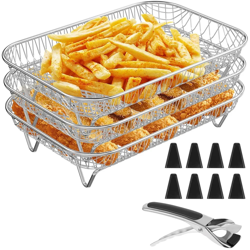 A89Z Air Fryer Rack Square for Oven 3 Layer Stackable Dehydrator Rack Stainless Steel Air Fryer Basket for Air Fryer Baking