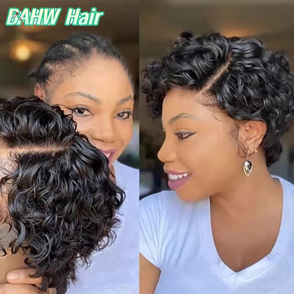 13x4 Lace Wig Side Part Pixie Cut Wigs 100% Virgin Hair Side Part Brazilian Water Wave bob Wig Transparent Lace For Black Women