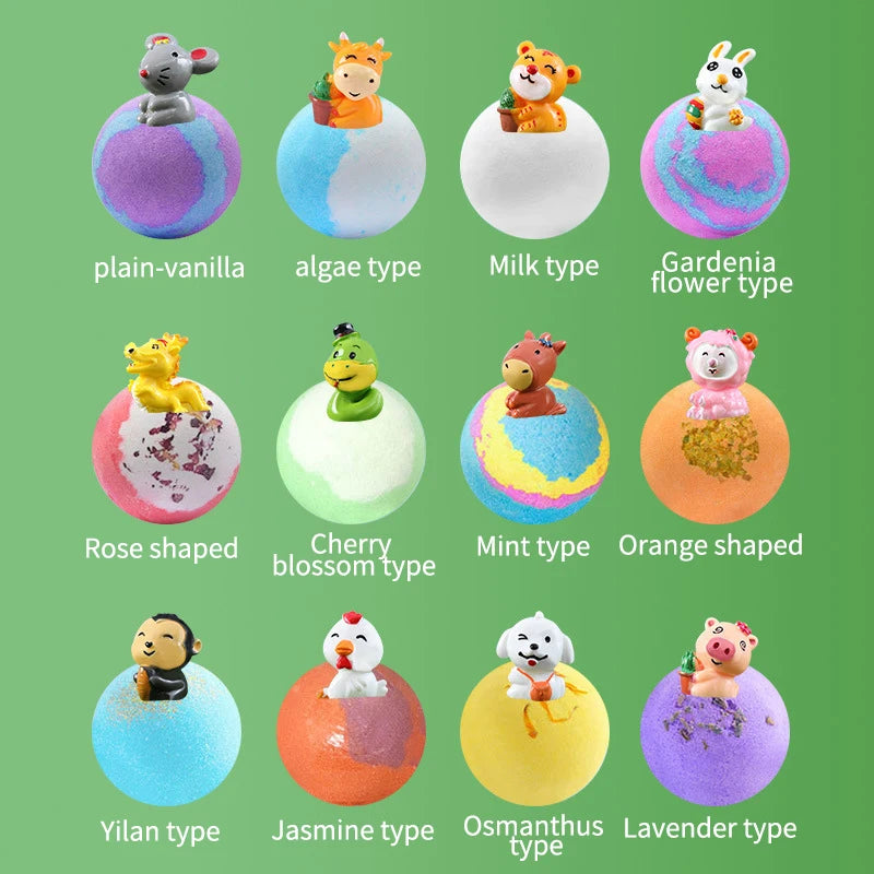 12Pcs Ocean Themed Bath Bombs Gift Set with Surprise Sea Animal Toys Inside 60g Handmade Bubble Bath Salt Balls for Kids Bath
